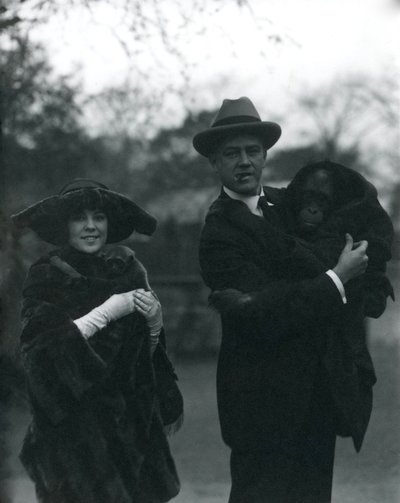 Osa és Martin Johnson orángutánnal és gibbonnal, Londoni Állatkert, 1920. október alkotó: Frederick William Bond